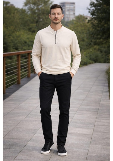 Alexandergardi Hakim Yaka Yarım Fermuarlı Erkek Sweatshirt Bej