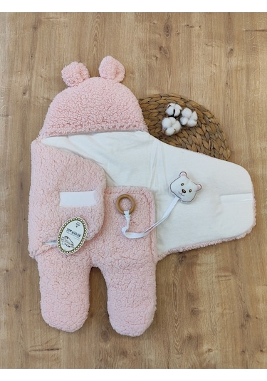 Bebek Dış Kundak Battaniyesi Pelüş Ayaklı Welsoft Uyku Tulumu Kışlık Mont Yenidoğan 0-12 Ay Pembe