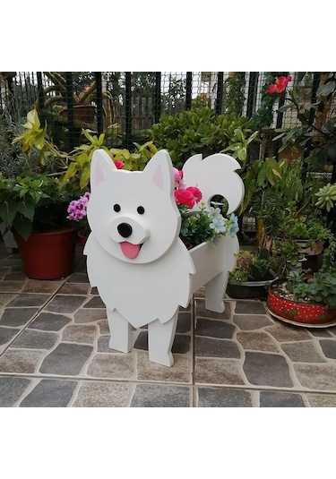 Neevoyu Ahşap Köpek Figürlü Saksı - Samoyed Desenli, Dışarıdışı Kullanım, Bahçe Ve Ev Dekorasyonu, Bitki Taşıyıcı S Boyutu