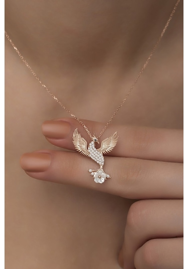 Nereze 925 Ayar Gümüş Manolya Çiçeği Detaylı Zümrüdü Anka Kuşu Kolye