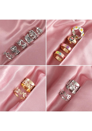 If Me Kore Moda Altın Gümüş Yüzük Seti Kalp Şeklinde Kelebek Ultra İnce Yüzükler Kadın Aksesuarları 17 Altın - Gümüş