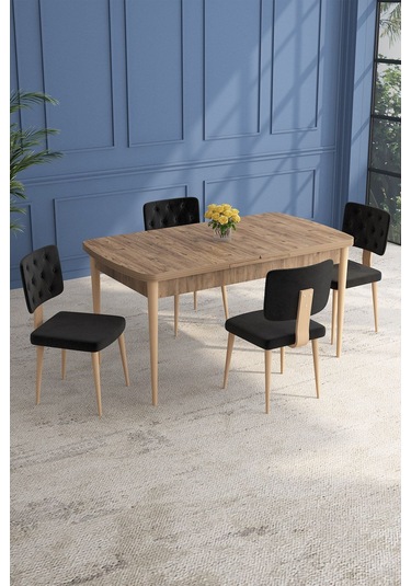 Lars Atlantik 80x132 Açılabilir Mdf Masa Yemek Odası Takımı,mutfak Takımı 4 Adet Sandalye Siyah