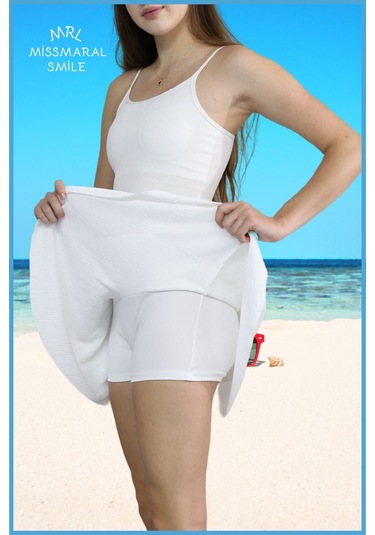 Mykonos Etek Ekru / Beyaz Içte Sabit Şortlu Yüksek Bel Likralı Bürümcük Kumaş Skirt With Shorts 4104 Ekru / Beyaz