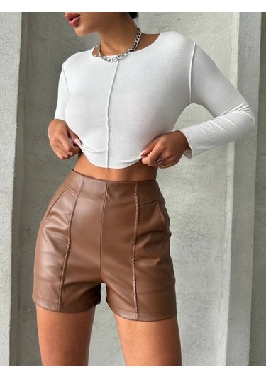 Biçomi Parçalı Cepli Deri Şort Taba W26312 Taba