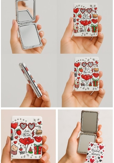 Kalp Love Tasarımlı Simli Büyüteçli Pratik Mini Cep Çanta Makyaj Aynası Çok Renkli