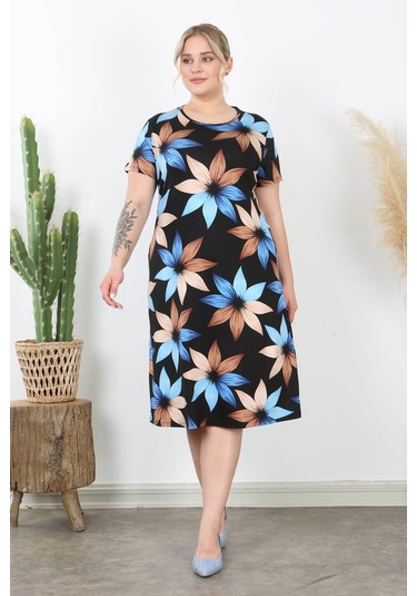 Kadın Mavi Kahve Çiçek Desen Midi Elbise Mavi Kahve Mavi - Kahverengi