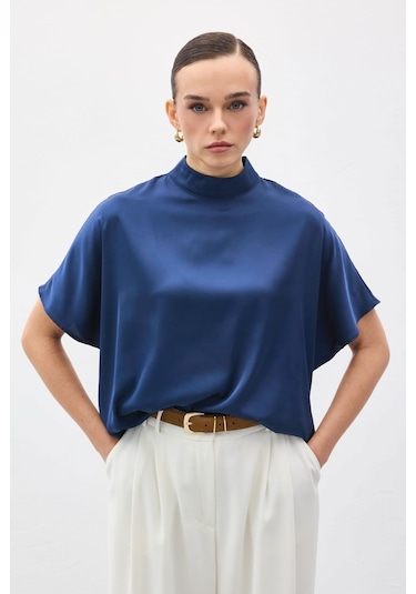 Sateen Yarasa Kol Salaş Bluz - İndigo-137383