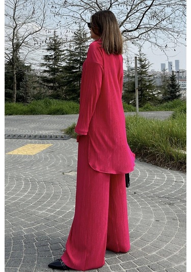 Kadın Fuşya Uzun Tunik Gömlek & Beli Lastikli, Bol Paça Pantolon - Salaş Bürümcük Takım Fuşya