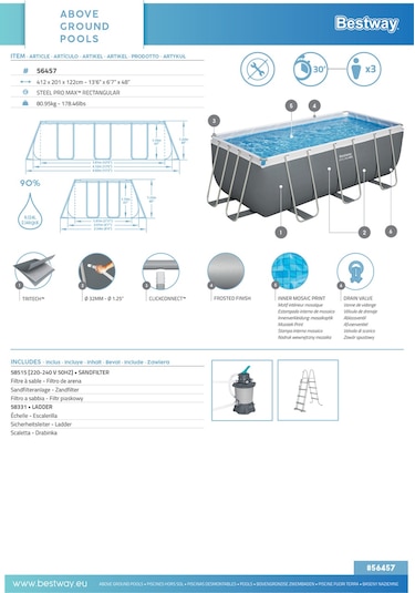 Bestway 56457 Steel Pro Max Above Ground Pool Set 4.12 M X 2.01 M X 1.22 M