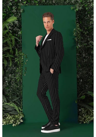 Comfort Fit Çift Yırtmaç İtalyan Çizgili Keten Casual Siyah Ceket C 671 Siyah