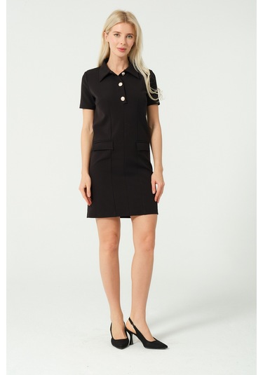 Polo Yaka Mini Elbise Siyah