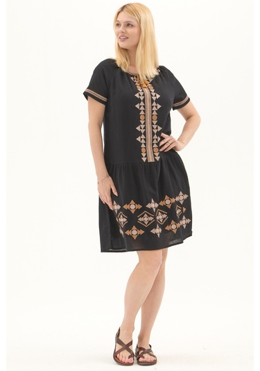 Şile Bezi Siyah Otantik Nakışlı Midi Elbise