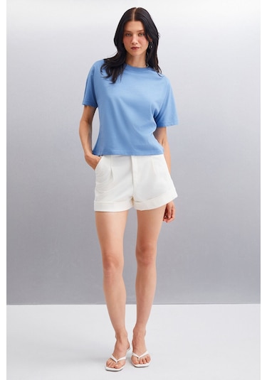 GRIMELANGE Lottıe Kadın %100 Organik Pamuklu Regular Kalıp Bisiklet Yaka Basic Kısa Kollu Indigo T-shirt Indigo