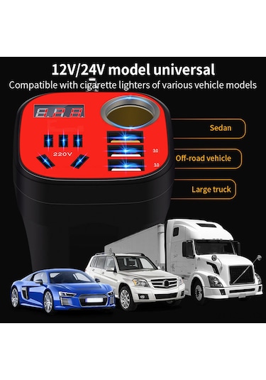 Skycity Araç Invertörü 12v/24v'den 220v'ye Dönüştürücü, Led Ekranlı, Qc3.0 Hızlı Şarj, Süper Şarj, Çok Fonksiyonlu Usb Soketi, Siyah 200w