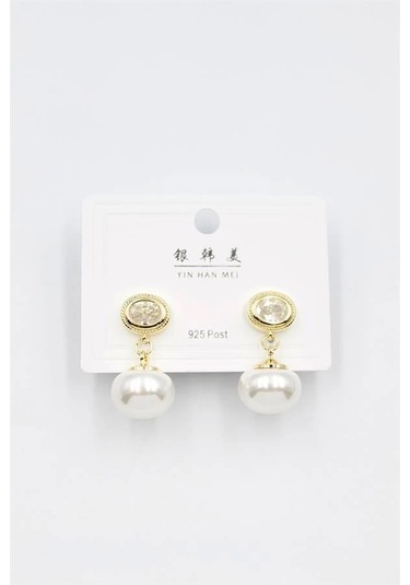 İncili Taşlı Küpe - Altın Çok Renkli