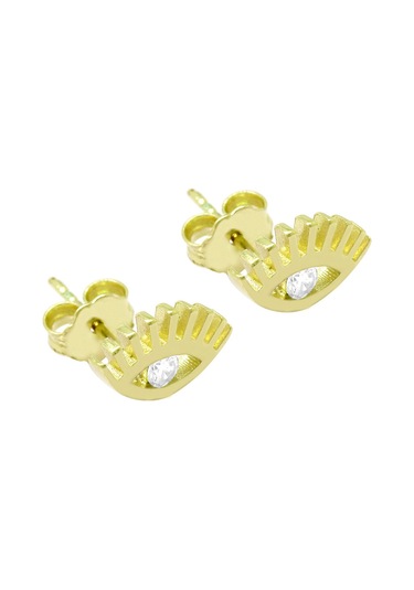 Tesbihane Beyaz Zirkon Tek Taşlı Göz Tasarım Gold Renk 925 Ayar Gümüş Kadın Küpe