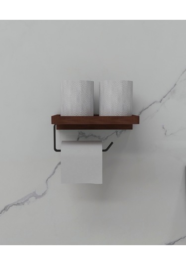 Papatya Masif Ahşap Raflı Tuvalet Kağıtlık, Metal Duvar Tipi Askı Siyah