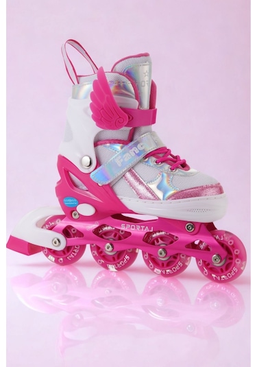 Melek Kanatlı Işıklı Çocuk Pateni Silikon Teker Ayarlanabilir Paten Taşıma Çantalı Fuşya Koyu Pembe