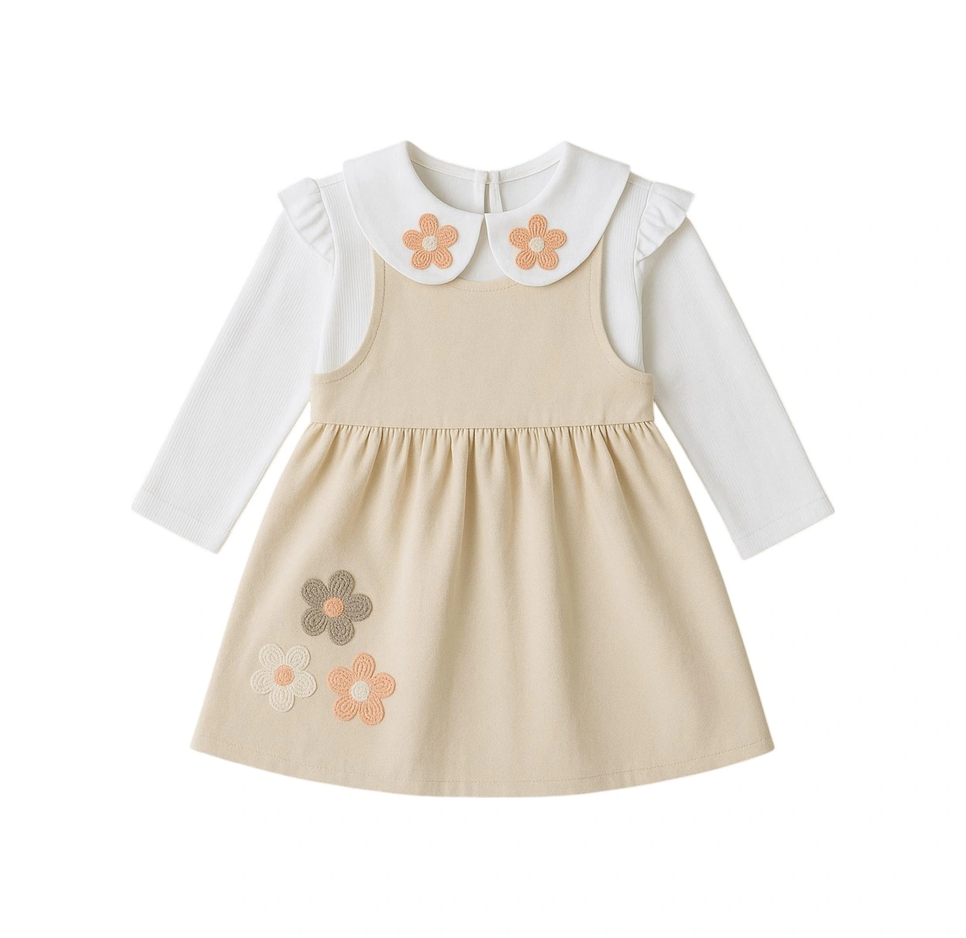 Çiçek Nakışlı Kız Çocuk Elbise Bej