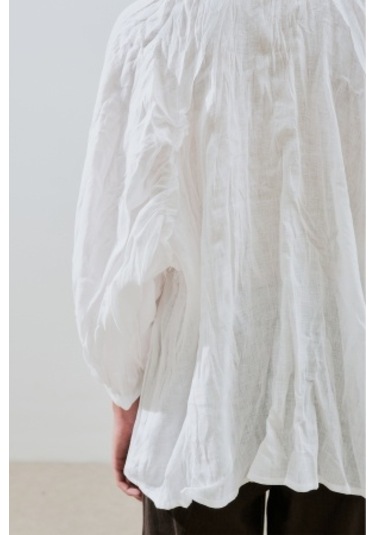 Keten Krushlı Düğmeli Bluz Ekru Ekru