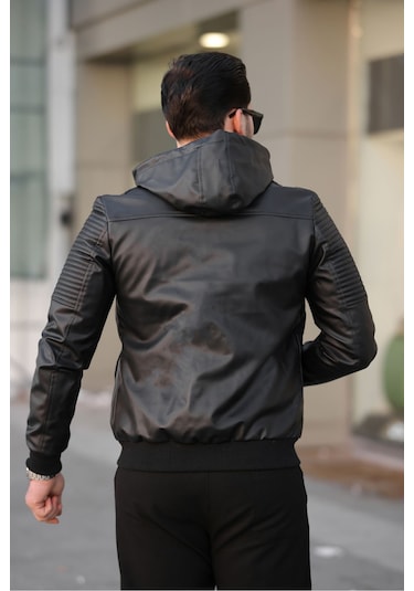 Erkek Siyah Dar Kesim Kapüşonlu Bel Lastikli Ribanalı Deri Ceket & Mont Siyah