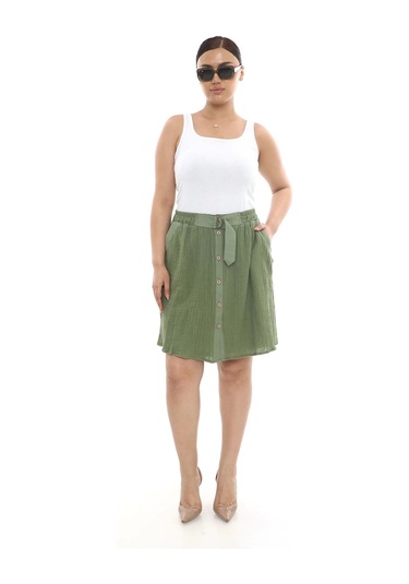 Büyük Beden Kadın Astarlı Müslin Kumaş Düğmeli Cepli Etek Haki