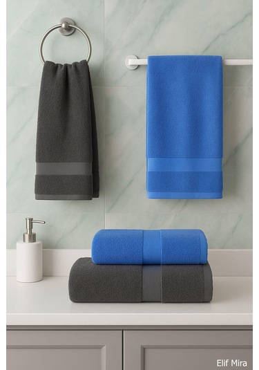 4 Lü Banyo Havlusu Seti %100 Pamuklu 70x140 Cm Pleasure Antrasit-Mavi