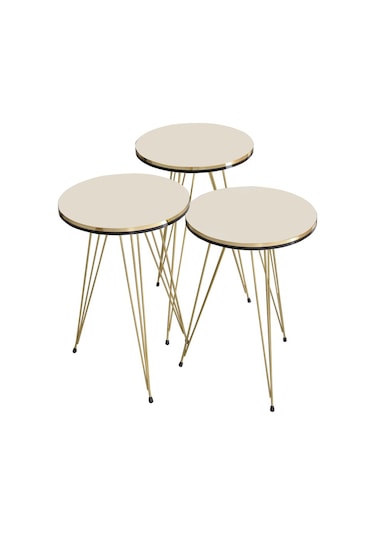 Zigon Sehpa Ve Orta Sehpa Elips Set Çift Gold Krem Tel Ayak