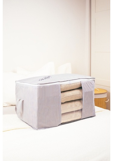 Pencereli Gri Çizgili Yastık Hurcu - 70x70x40 Cm Dayanıklı Saklama Çantası 10256 Gri - Beyaz