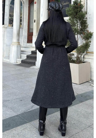 Siyah Çift Taraflı Kruvaze Yaka, Kuşaklı, Yumoş Dokulu, Duble Kaşe Uzun Ceket Siyah