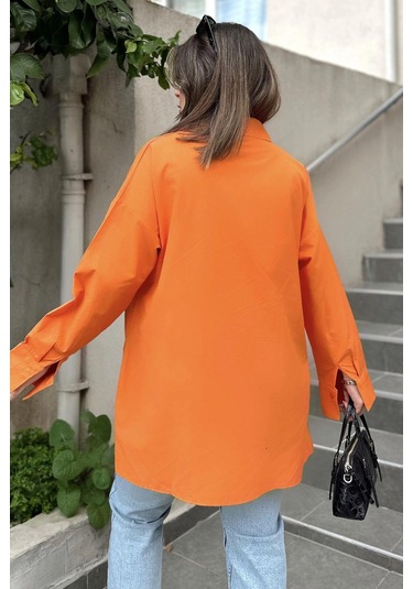 Kadın Turuncu Terikoton Kumaş, Yırtmaçlı, Rahat Uzun Gömlek Turuncu