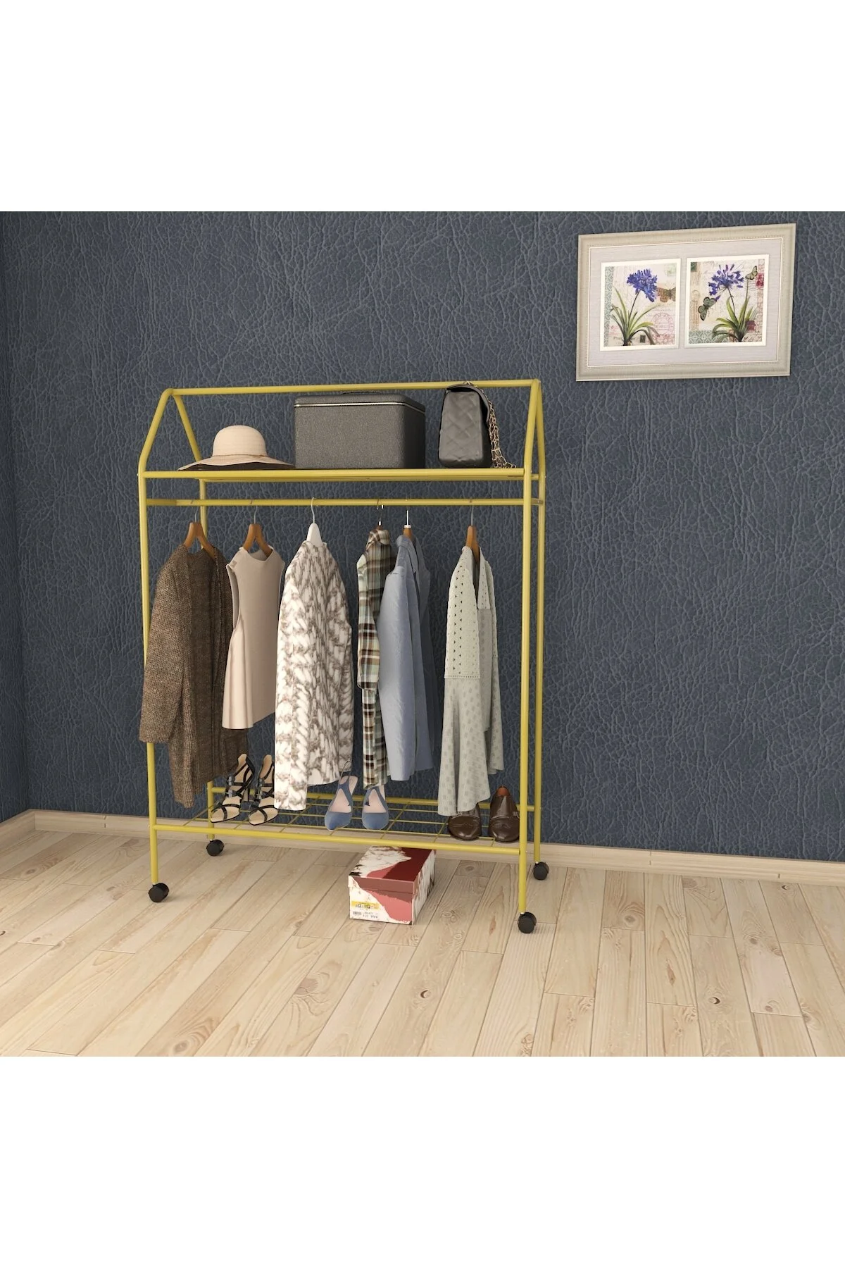 Tekerlekli Home Hanger Metal Askılık Ayaklı Askılık Sarı