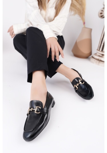 Muggo Stride Metal Tokalı Kadın Günlük Loafer Ayakkabı Siyah