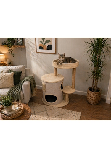 Zen Modern Kedi Evi Tırmalama Direkli Konforlu Kedi Yuvası