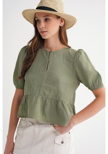 4713 Kadın Beli Büzgülü Kolu Lastikli Bol Müslin Bluz Çağla Çağla