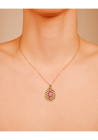 Lekka Design Kadın Takı Kararmaz Çelik Pudra Pembe Taşlı Damla Antik Kolye