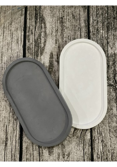 2'li Dekoratif Oval Sunumluk Seti, Dekoratif Biblo Takı Tabağı, Saksılık,tütsülük,mumluk - Gri- Krem