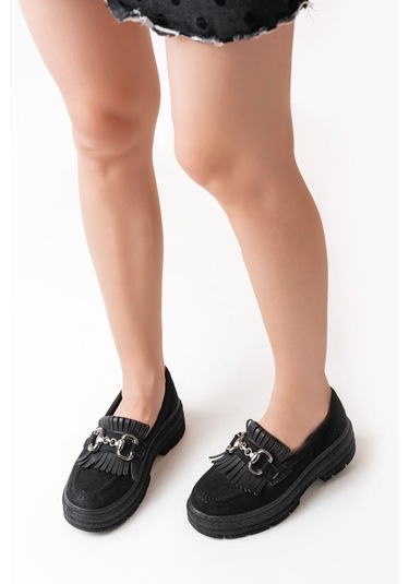 749-750 Siyah Süet Tokalı Günlük Yüksek Tabanlı Loafer Ayakkabı Beyaz