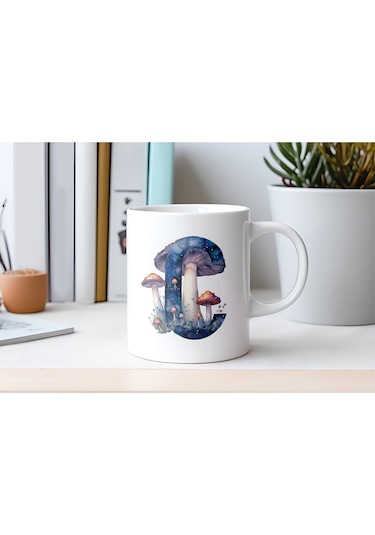 C Baş Harfi Fantastik Mantarlı Kupa Bardak - Kişiye Özel Masalsı Bardak - Hediye Beyaz