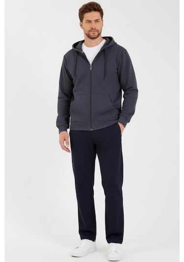 Antrasit Kapüşonlu Regular Fit Hırka Düz Paça Erkek Eşofman Takımı 3861 Antrasit