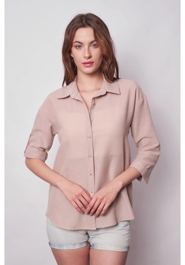 Kadın Keten Düşük Omuzlu Yakalı Kapri Kol Apoletli Gömlek -taş Taş