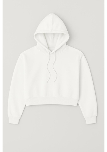 Üç İplik Kapüşonlu Crop Sweat Ekru