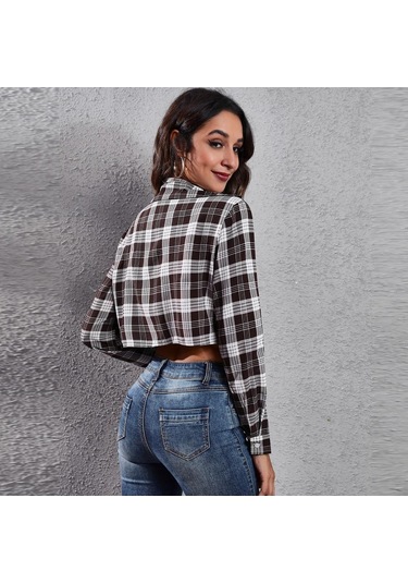 Gmxıa Kadın Modası Günlük Ekose Baskı Uzun Kollu Polo Yaka Bluzlar Ve Gömlekler Kahverengi