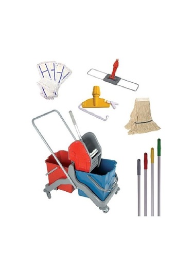 Safell Çift Kovalı Temizlik Arabası - Paspas Arabası Full Set - Mop - Presli
