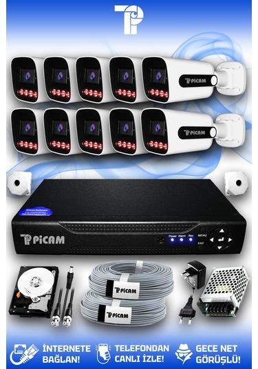 Picam 10 Kameralı Zebra 10 Dış Kamera Set 500 Gb 5 Mp 2k Net Gece Görüşlü Güvenlik Kamerası Sistemi