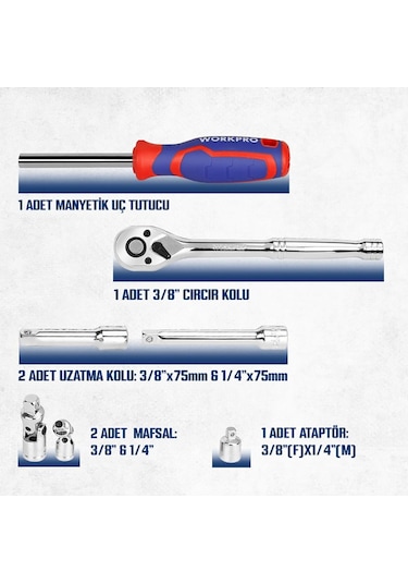 Workpro Wp202524 1/4' 3/8 Metrik 75 Parça Cr-v Profesyonel Lokma Takımı