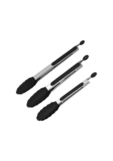 Isıya Dayanıklı Mutfak Maşası Üçlü Set, Paslanmaz Çelik, Pişirme Ve Izgara İçin Uygundur Siyah