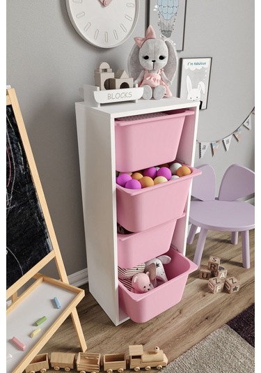 %100 Mdf - Large Mono 4 Büyük Sepetli Oyuncak Dolabı Pembe