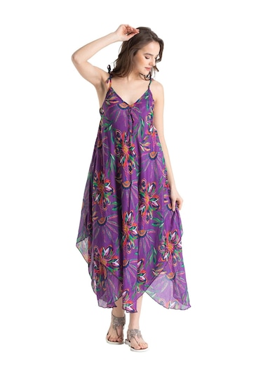 Askılı Vual Afrodit Midi Boy Elbise Mor 6194 - Kadın