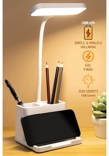 Şarjlı Masa Lambası Dokunmatik Sıcak Renk Ayarlı Telefon Standlı Dimmer Çalışma Okuma Işığı Q108